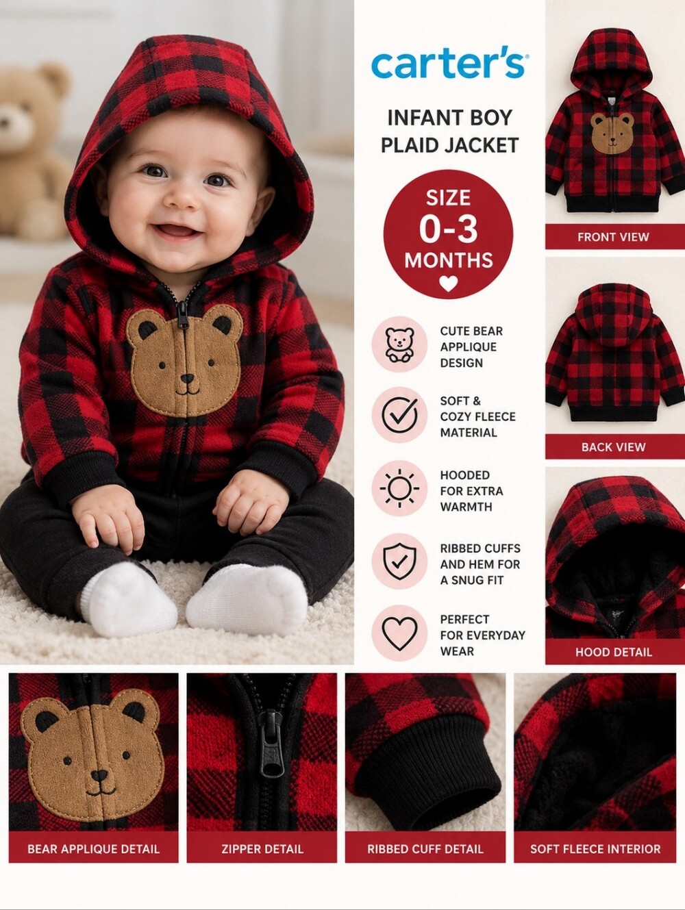 Carters infant boy 0-3m red plaid bear jacket #36